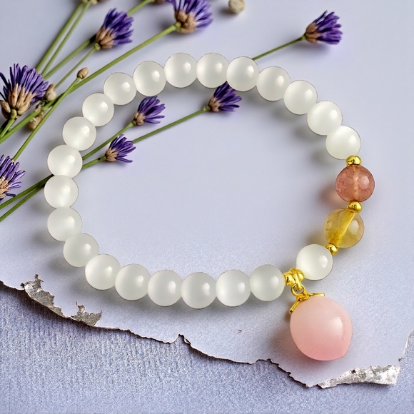 Elegant Natural Opal Beaded Dainty Stretchy Bracelet Pink Peach Charm - Picture 5 of 15